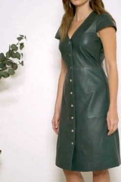 Dark Green Leather V Neck Popper Front Dress -Winter Fashion Shop 09bbd7feb13d2fc3f6d2121bb24d2d808601b340