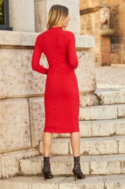 Red Belted Knitted Midi Dress -Winter Fashion Shop 10 s22dk009rd 101