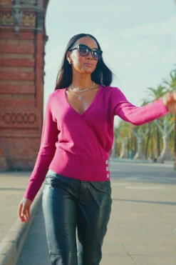 Magenta Faux Wrap Jumper With Diamante Button -Winter Fashion Shop 1380711c61e06efef0c7d429317a47d2fe158b6b