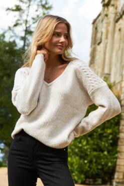 Natural Cable Shoulder V Neck Jumper -Winter Fashion Shop 2020 08 31 aynhoe park sosandar49977
