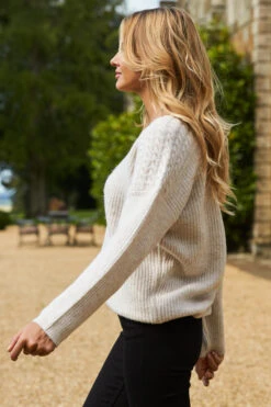 Natural Cable Shoulder V Neck Jumper -Winter Fashion Shop 2020 08 31 aynhoe park sosandar49991