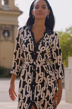 Black Chain Print Contrast Trim Belted Shirt Dress -Winter Fashion Shop 537f957af738a88e5b622d686a1d07c28abd5da4