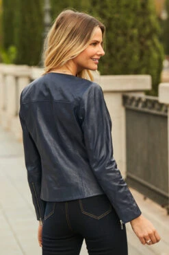 Navy Blue Zip Front Round Neck Leather Jacket -Winter Fashion Shop 60 s22tw005blfl 140