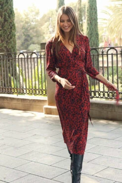 Red Animal Print Ruched Sleeve Midi Wrap Dress -Winter Fashion Shop 64c124f7018bbe3a2c34c35c615d6e973c3f5d4d 1