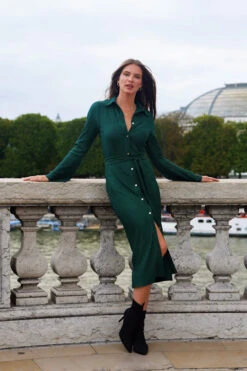 Dark Green Plisse Flared Sleeve Shirt Jersey Dress -Winter Fashion Shop 731cbf994e64f98e2a8792846060f3726beed149