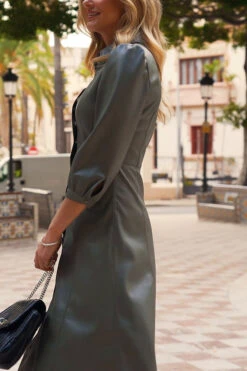 Khaki Green Faux Leather Popper Front Shirt Dress -Winter Fashion Shop 76a1407d11f6f91ee5015cdc93789f258951f65c