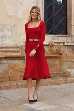 Red Square Neck Gold Button Cuff Knitted Midi Dress -Winter Fashion Shop 77cb295c455a3a861cebecebe5fb73061632de61
