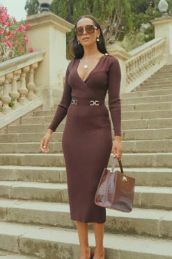 Chocolate Brown Wrap Front Luxe Gold Buckle Knitted Dress -Winter Fashion Shop 7c3fa8aa6a8d64e6e6912e43c2accb87dc6c6d8c