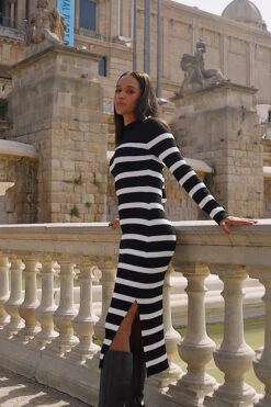 Black & White Stripe Button Detail Rib Knit Midi Dress -Winter Fashion Shop 8ab7f484a748c19e164830eaeb38d231c0ba2c32