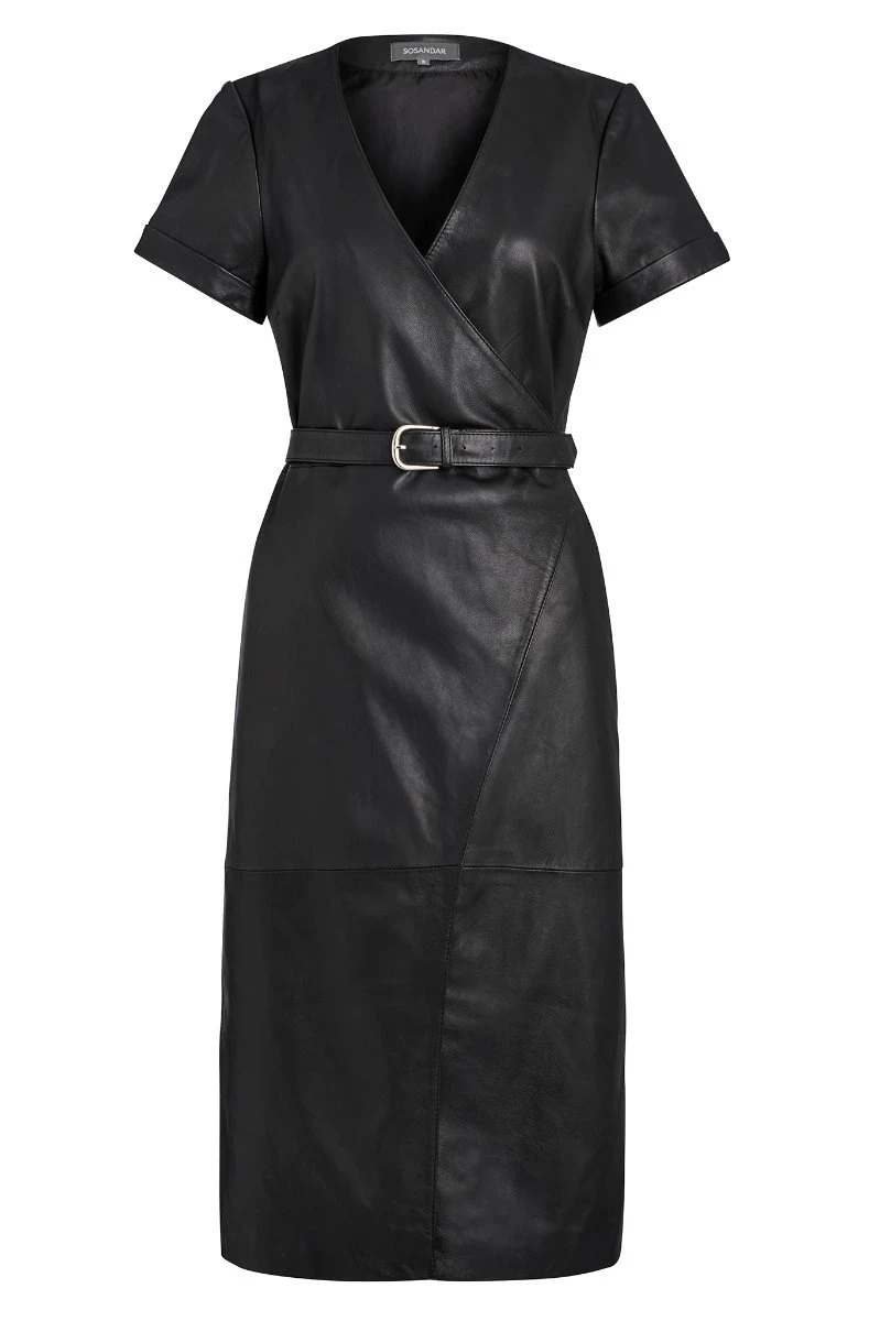 Black Luxury Leather Belted Wrap Dress 10 Black Luxury Leather Belted Wrap Dress - Image 8