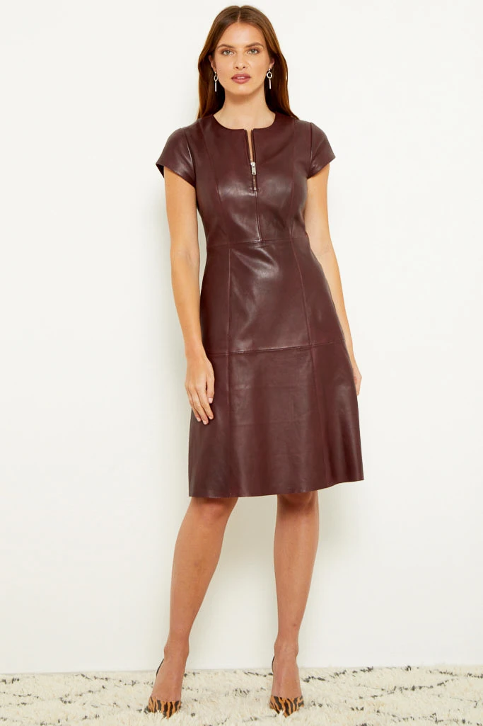Burgundy Luxury Leather Zip Front Fit & Flare Dress 4 Burgundy Luxury Leather Zip Front Fit & Flare Dress - Image 3