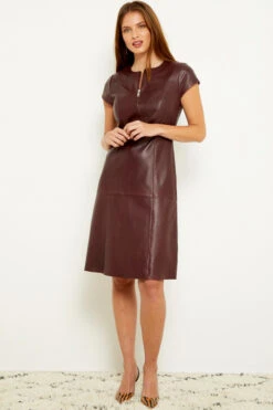 Burgundy Luxury Leather Zip Front Fit & Flare Dress 12 Burgundy Luxury Leather Zip Front Fit & Flare Dress -Winter Fashion Shop a19dl002rd 6 1