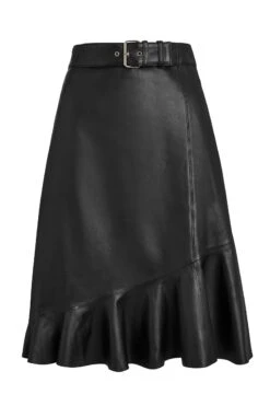 Black Leather Asymmetric Ruffle Hem Skirt -Winter Fashion Shop a19sl004 bk0001black leather aline copy