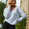Pale Blue Cable Shoulder V Neck Jumper -Winter Fashion Shop a20tk067be0002