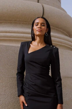 Black Asymmetric Neckline Pencil Dress With Button Detail -Winter Fashion Shop f8065ae1f08693781df5b96f860167985c3d3d69