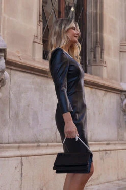 Black Gathered Sleeve Faux Leather Dress -Winter Fashion Shop f858acfb022753f3c0715c8b007e0293f5978f36