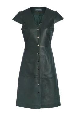 Dark Green Leather V Neck Popper Front Dress -Winter Fashion Shop greenleatherbuttonupdress