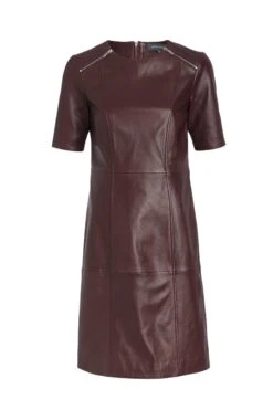 Burgundy Leather Zip Detail Shift Dress -Winter Fashion Shop s20dl010rd0004