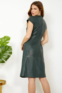 Dark Green Leather V Neck Popper Front Dress -Winter Fashion Shop s20dl01gn 1 13