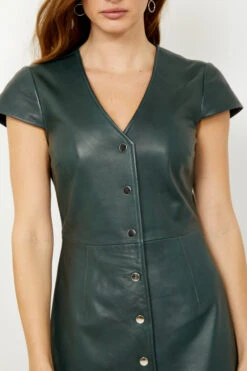 Dark Green Leather V Neck Popper Front Dress -Winter Fashion Shop s20dl01gn 1 14