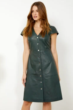 Dark Green Leather V Neck Popper Front Dress -Winter Fashion Shop s20dl01gn 1 7