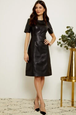 Black Leather Panelled Shift Dress -Winter Fashion Shop s20tk134 3 1