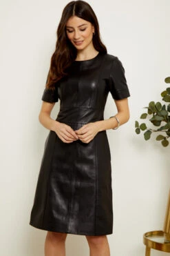 Black Leather Panelled Shift Dress -Winter Fashion Shop s20tk134 9 1