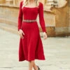 Red Square Neck Gold Button Cuff Knitted Midi Dress -Winter Fashion Shop web 02 a21dk570rd 022