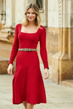 Red Square Neck Gold Button Cuff Knitted Midi Dress -Winter Fashion Shop web 02 a21dk570rd 139