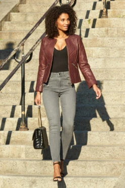 Burgundy Quilted Leather Collarless Jacket -Winter Fashion Shop web 13 a21ol005 a20bd002gy 056