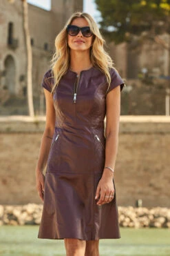 Burgundy Leather Quilt Detail Zip Front Fit & Flare Dress 11 Burgundy Leather Quilt Detail Zip Front Fit & Flare Dress -Winter Fashion Shop web 20 a21dl001rd 067 1