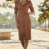 Tan Faux Leather Popper Front Pencil Dress With Pockets -Winter Fashion Shop web 21 a21dp004 023 1