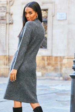 Charcoal Grey Roll Neck Rib Jumper Dress -Winter Fashion Shop web 81 a21dk504gy s21fw004gy 247