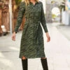 Khaki Green Zebra Print Belted Midi Shirt Dress
