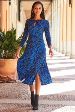 Blue & Black Floral Print Keyhole Detail Midi Jersey Dress