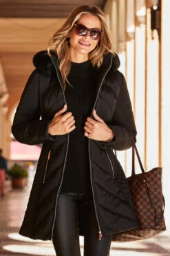 Black Quilt Detail Faux Fur Trim Padded Coat -Winter Fashion Shop web 10 a22ow009bk0001 063