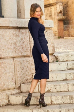 Navy Blue Belted Knitted Midi Dress -Winter Fashion Shop web 10 s22dk009rd 105 navy rt