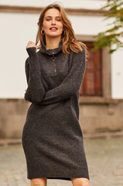 Charcoal Grey Half Zip Knitted Dress
