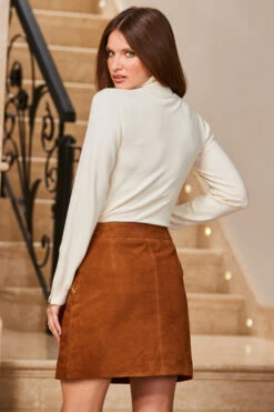 Tan Suede Zip Front A-Line Skirt -Winter Fashion Shop web 14 s23sl004bn0006 s23od004io005w 113