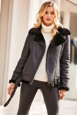 Black Faux Shearling Biker Jacket -Winter Fashion Shop web 1809sosandar4595