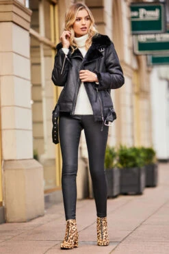 Black Faux Shearling Biker Jacket -Winter Fashion Shop web 1809sosandar4632 1