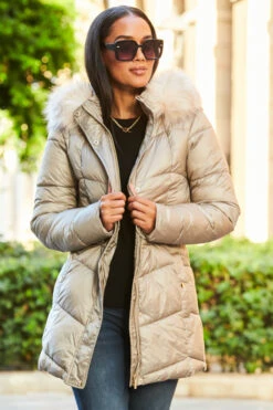 Stone Metallic Padded Coat With Fur Hood