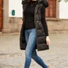 Black Faux Fur Trim Longline Tie Waist Padded Gilet