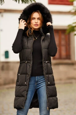 Black Faux Fur Trim Longline Tie Waist Padded Gilet -Winter Fashion Shop web 18 s22ow005bk a21tk698bk 149
