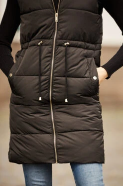 Black Faux Fur Trim Longline Tie Waist Padded Gilet -Winter Fashion Shop web 18 s22ow005bk a21tk698bk 175