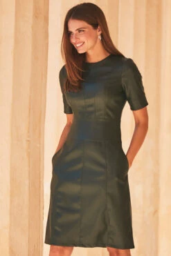 Dark Green Leather Look Panelled Shift Dress
