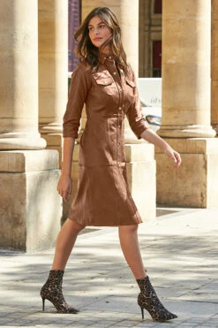 Tan Leather Popper Front Dress -Winter Fashion Shop web 20 a21dl003 094 tan rt