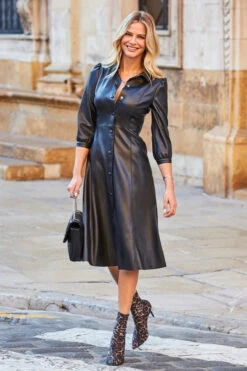 Black Faux Leather Popper Front Shirt Dress