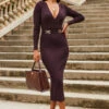 Chocolate Brown Wrap Front Luxe Gold Buckle Knitted Dress -Winter Fashion Shop web 2307 46 a23dk173pt0004 46 005