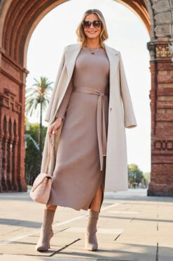 Taupe Belted Gold Button Detail Knitted Midi Dress